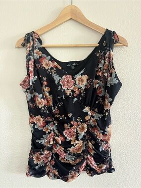 Floral Ruched Black Sleeveless Top